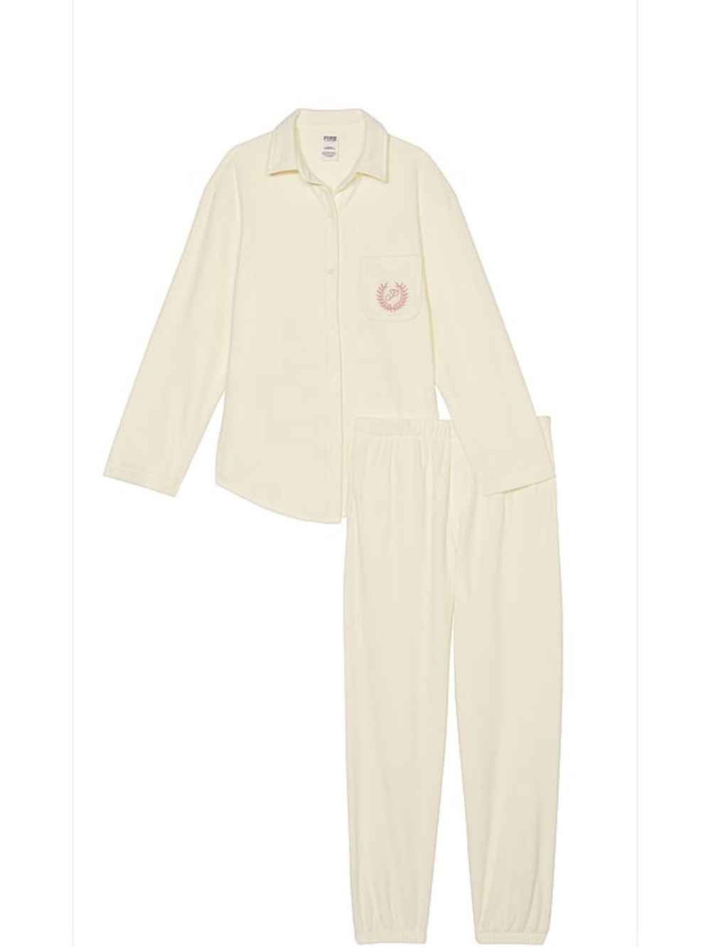 PINK Victoria's Secret Cream Two-Piece Pajama Set with Pink Crest